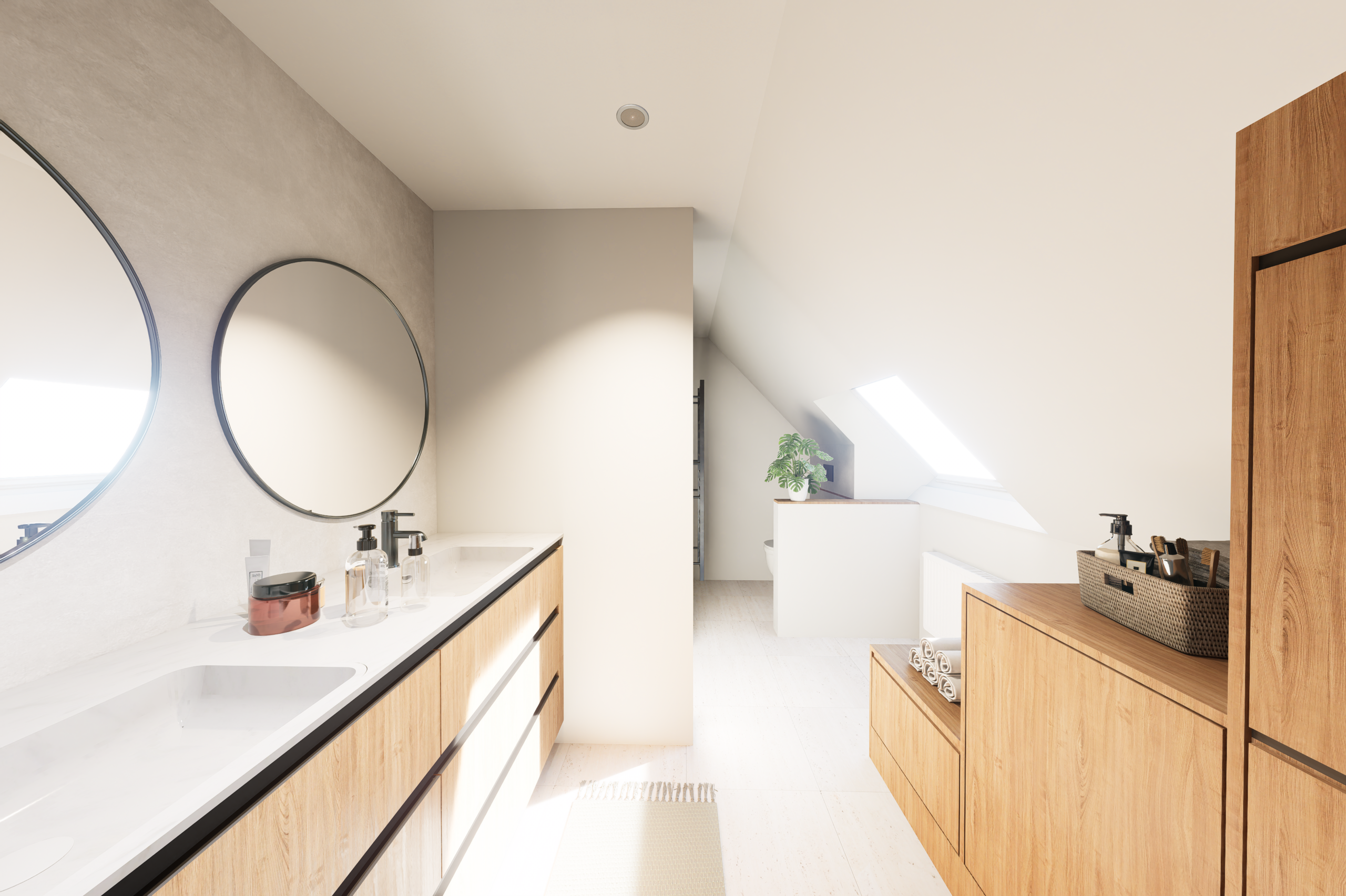 Badkamer onder het dak met dubbele lavabo, 3D-beeld van Studio Combo