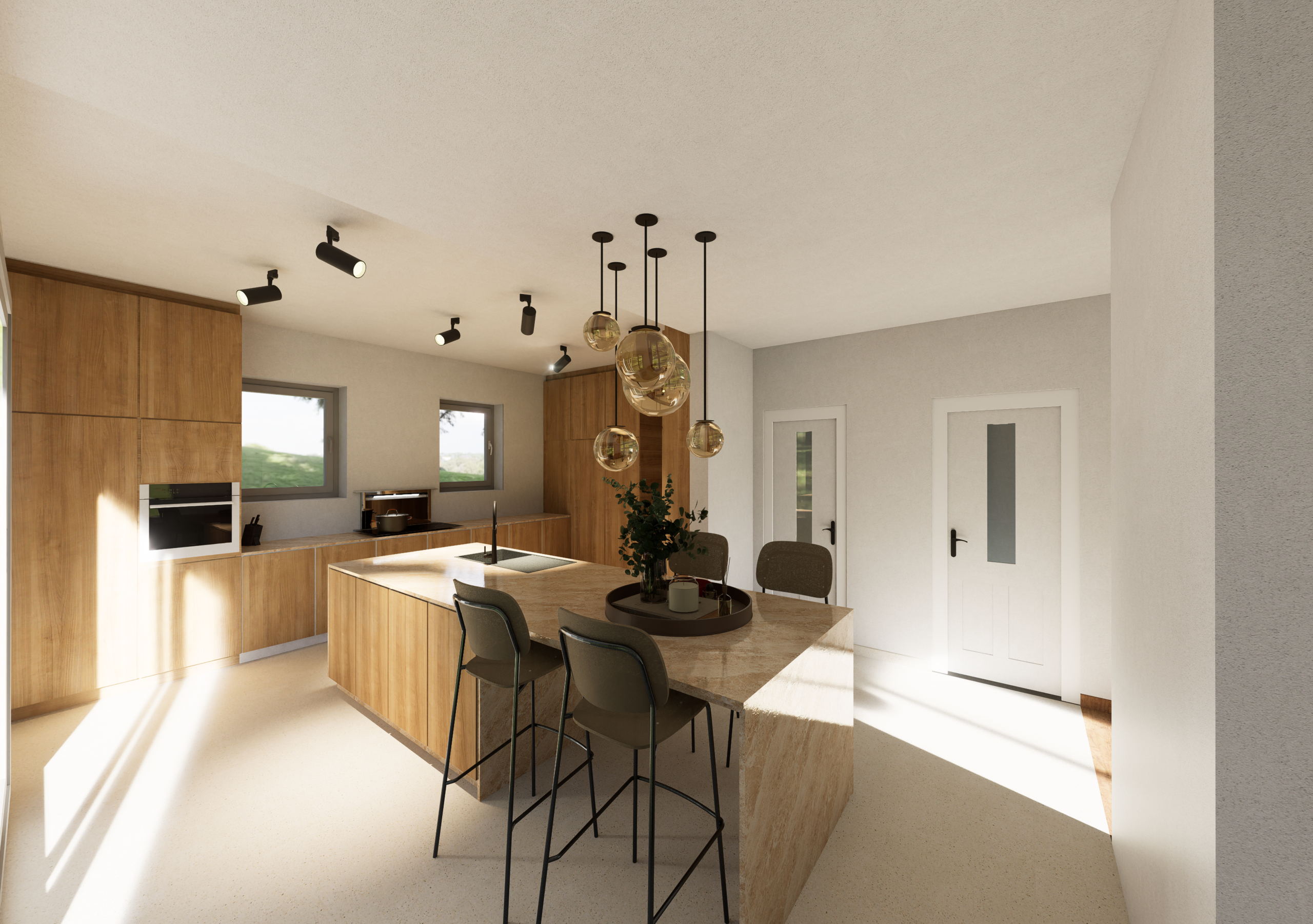 Houten keuken met eiland en barkrukken, 3D-beeld van Studio Combo