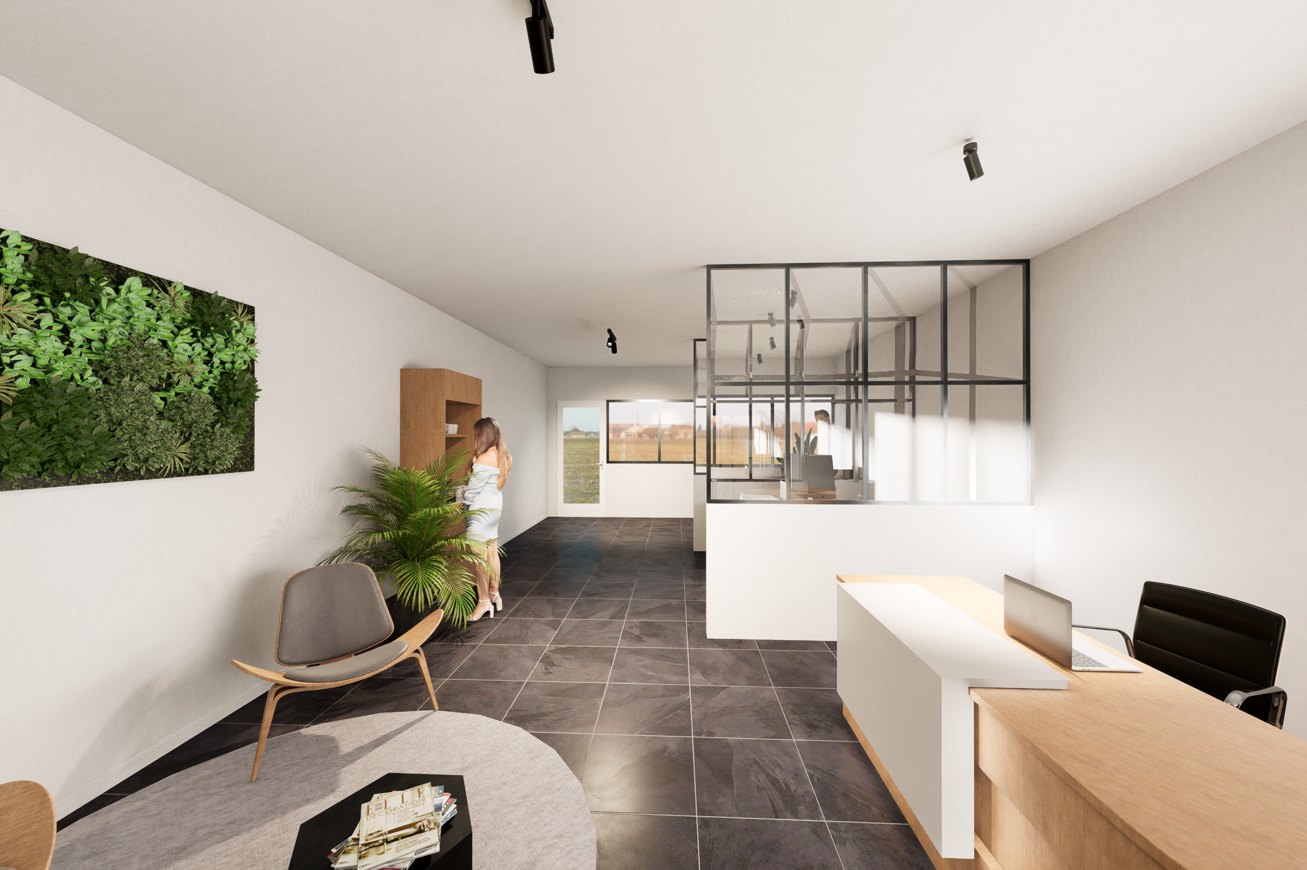 Gang met glazen wand en werkplek, 3D-beeld van Studio Combo
