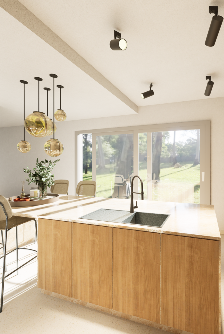 Keuken met houten eiland en zicht op de tuin, 3D-beeld van Studio Combo