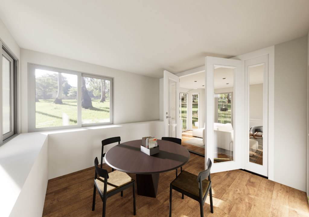 Eethoek met ronde tafel bij de tuindeuren, 3D-beeld van Studio Combo
