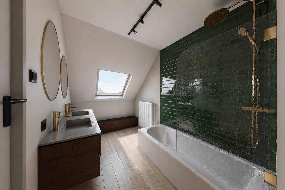 Dezelfde badkamer met groene wandtegels en gouden kranen, 3D-render van Studio Combo