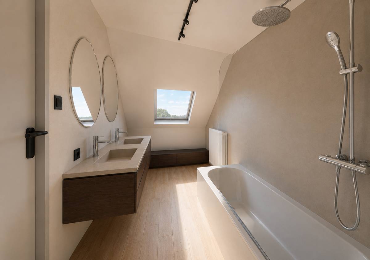 Badkamer in neutrale tinten met houten meubel, 3D-render van Studio Combo