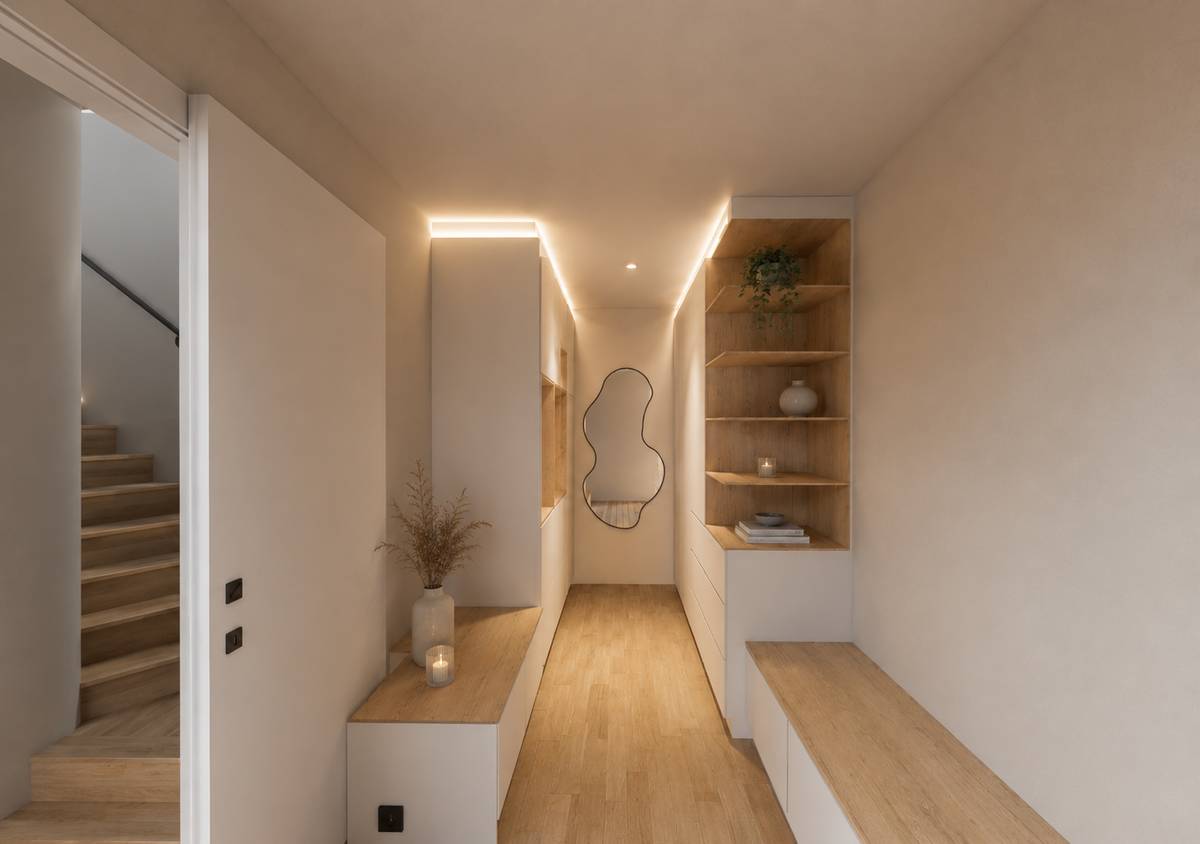 Inkomhal met maatwerkkasten en zitbank, 3D-render van Studio Combo